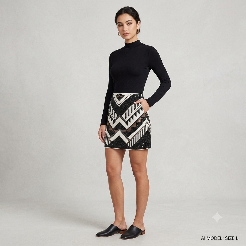 Express Sequin Mini Skirt Black White Aztec Tribal Print Art Deco Size Large - Picture 8 of 16